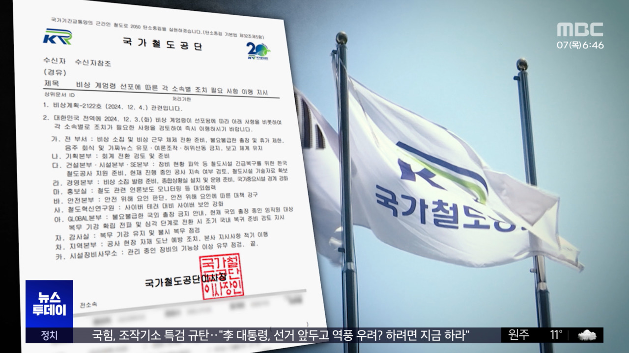 MBC News Today coverage of the Korea National Railway martial law document
