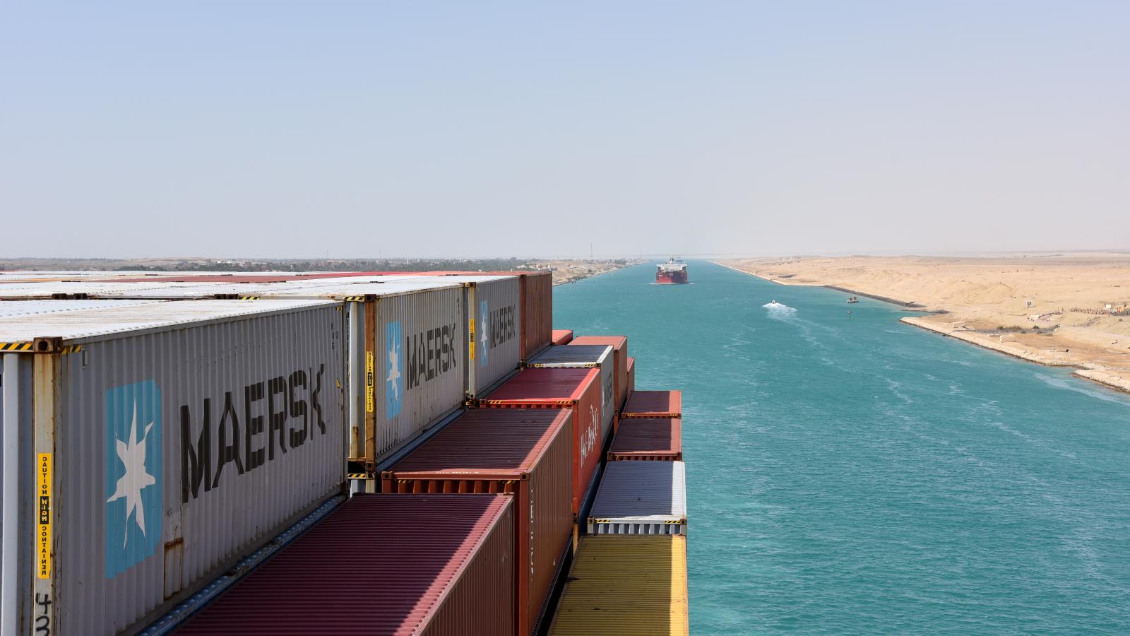 Container ship at a Suez Canal convoy