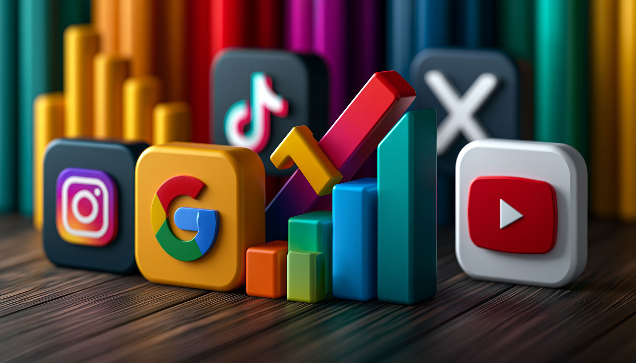 Google Search Console social media analytics dashboard showing performance data for Instagram, TikTok, X and YouTube content