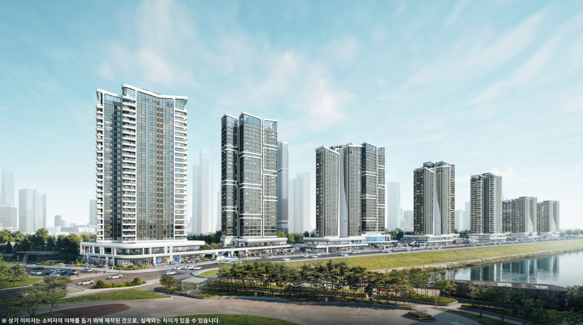 The Sharp Songdo Granter main rendering — Construction by POSCO E&C, illustrating high demand for new apartments in the capital region despite record prices.