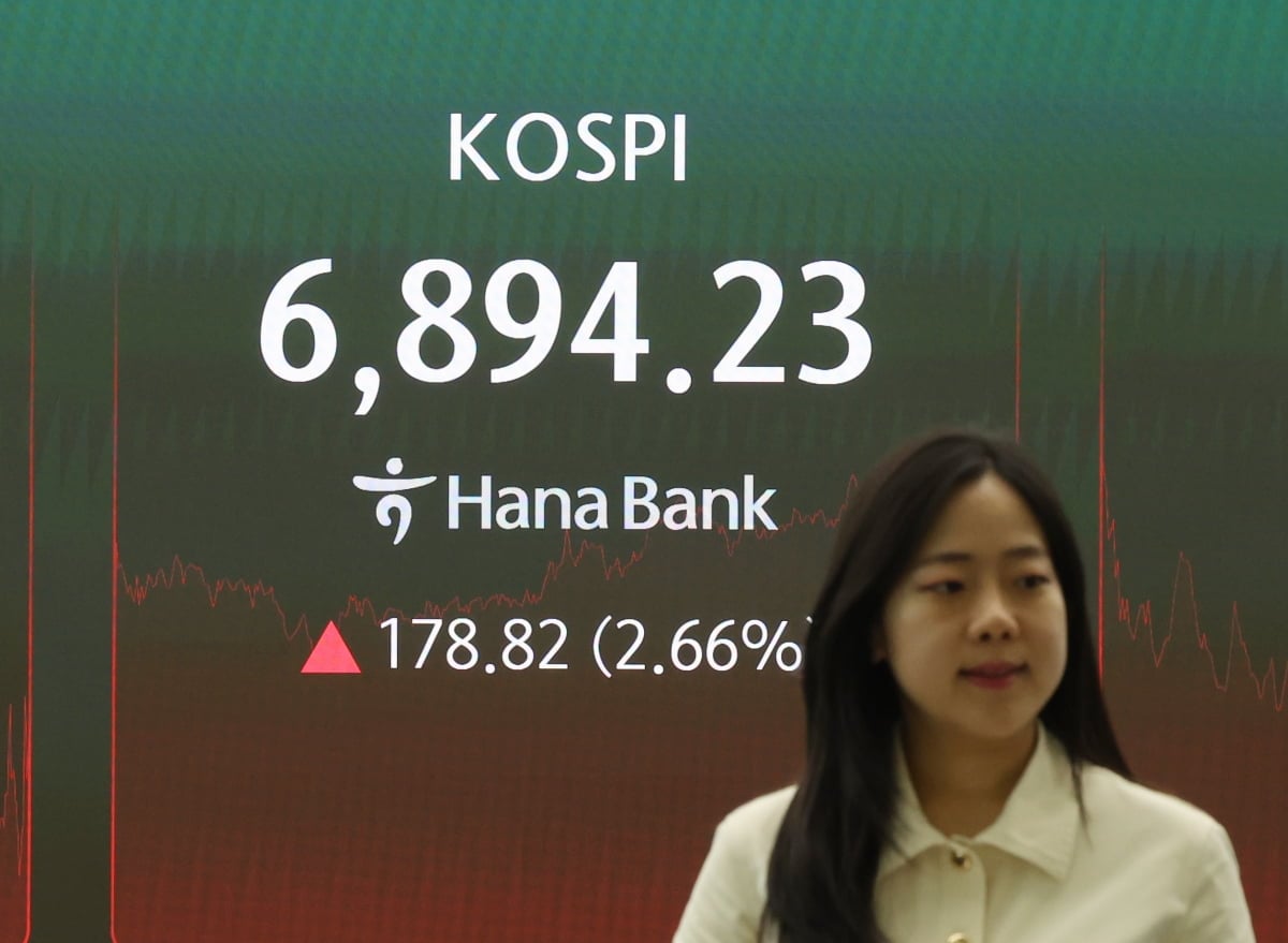 서울 명동 하나은행 본점 딜링룸 현황판에 코스피 지수 등이 표시되어 있다