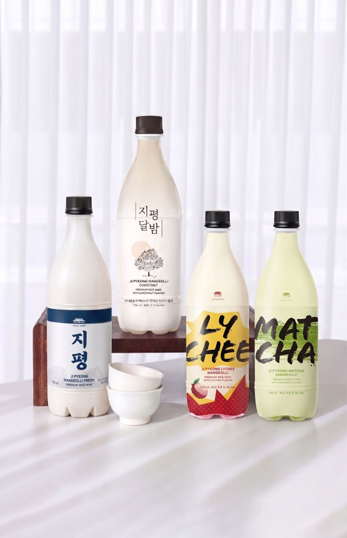 Makgeolli bottles with matcha fusion branding