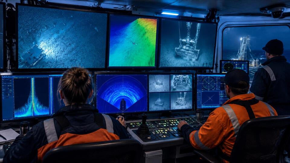 ROV operating over a field of polymetallic nodules on the deep-ocean floor