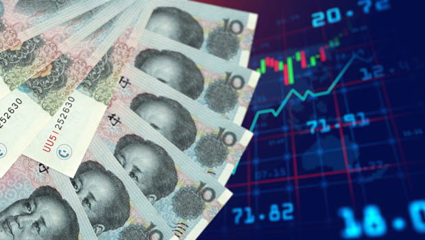 China stock market trading floor with digital ticker boards showing indices and tech stock movements