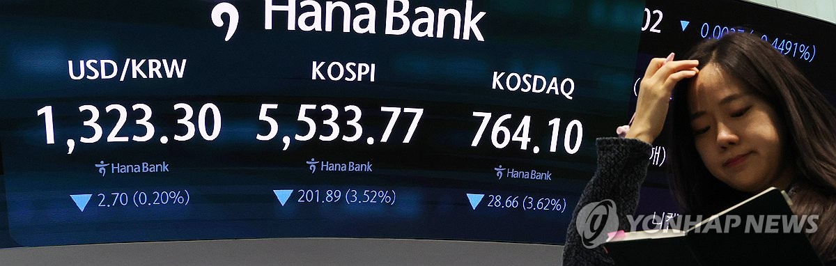 Kospi index displayed on Hana Bank dealing room board