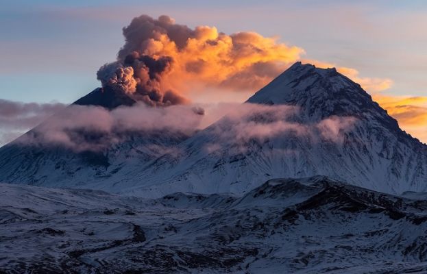 Ash plume from Klyuchevskoy Volcano rising into the sky