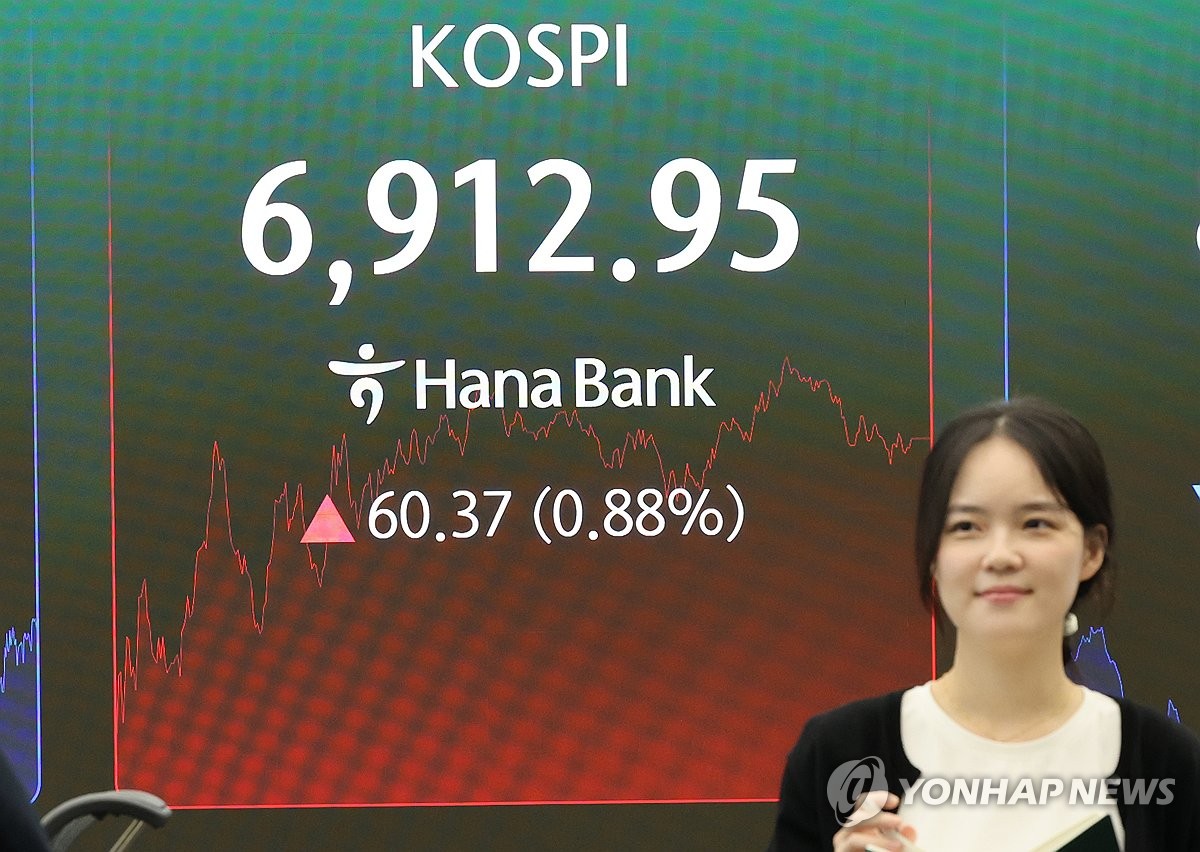 Hana Bank dealing room showing KOSPI rise on Aug 21