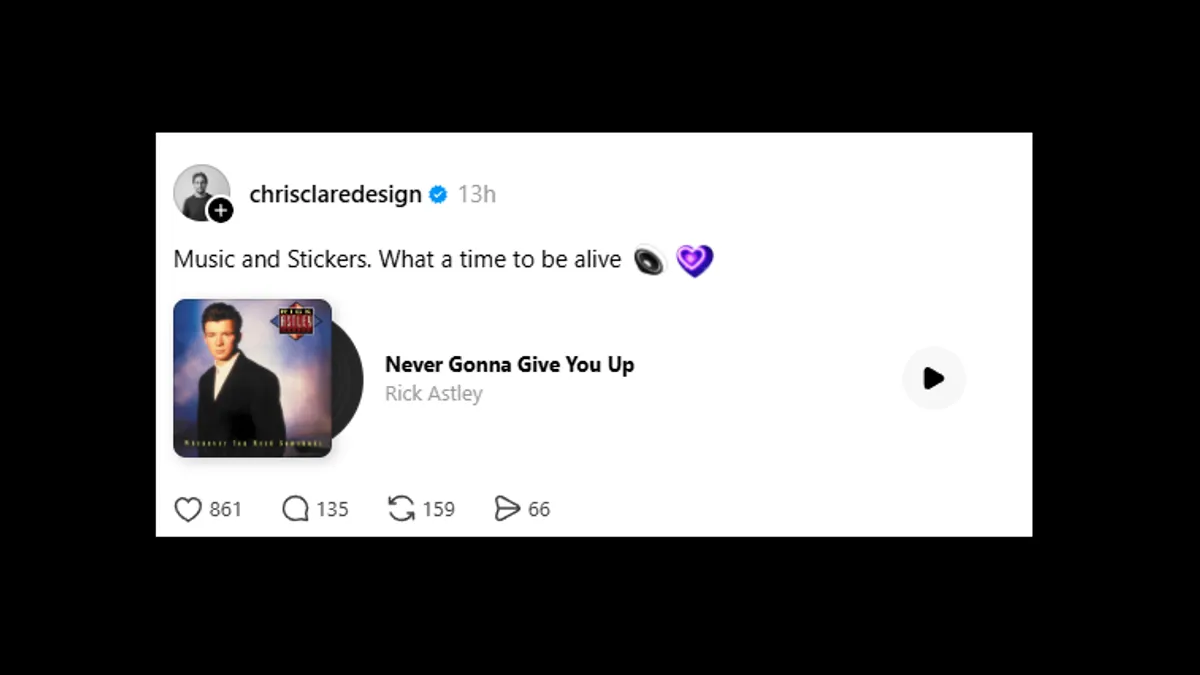 Threads music stickers feature allowing users to add playable tracks to posts