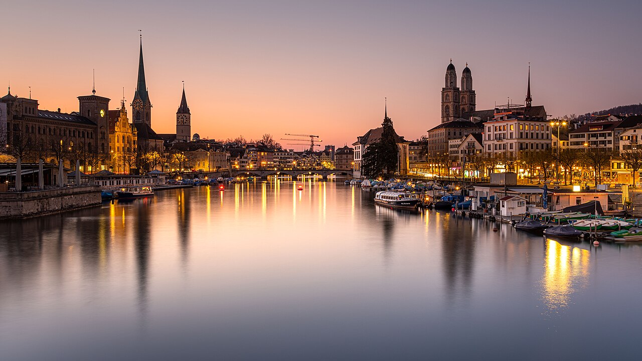 Zurich skyline after sunset, reflecting Switzerland's growing role as a crypto hub