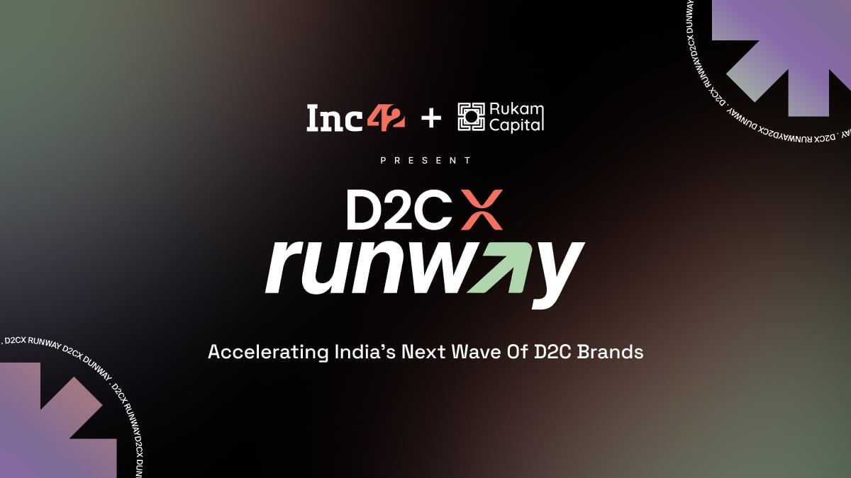 D2CX Runway accelerator announcement graphic from Inc42 and Rukam Capital