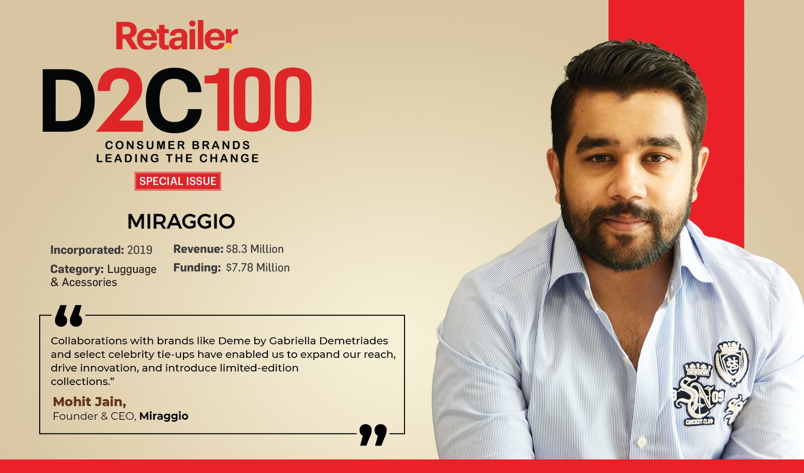 Miraggio founder featured in Indian Retailer D2C 100 profile on accessible premium handbag brand