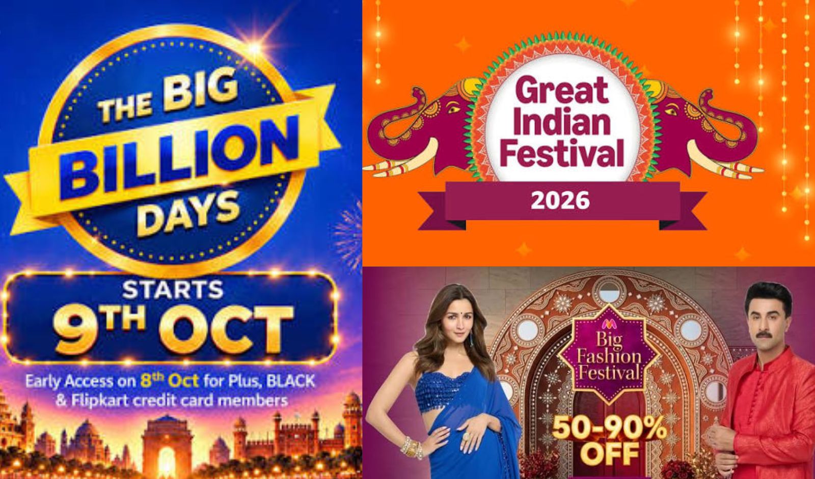 Festive sale banners for major e-commerce platforms including Amazon and Flipkart.