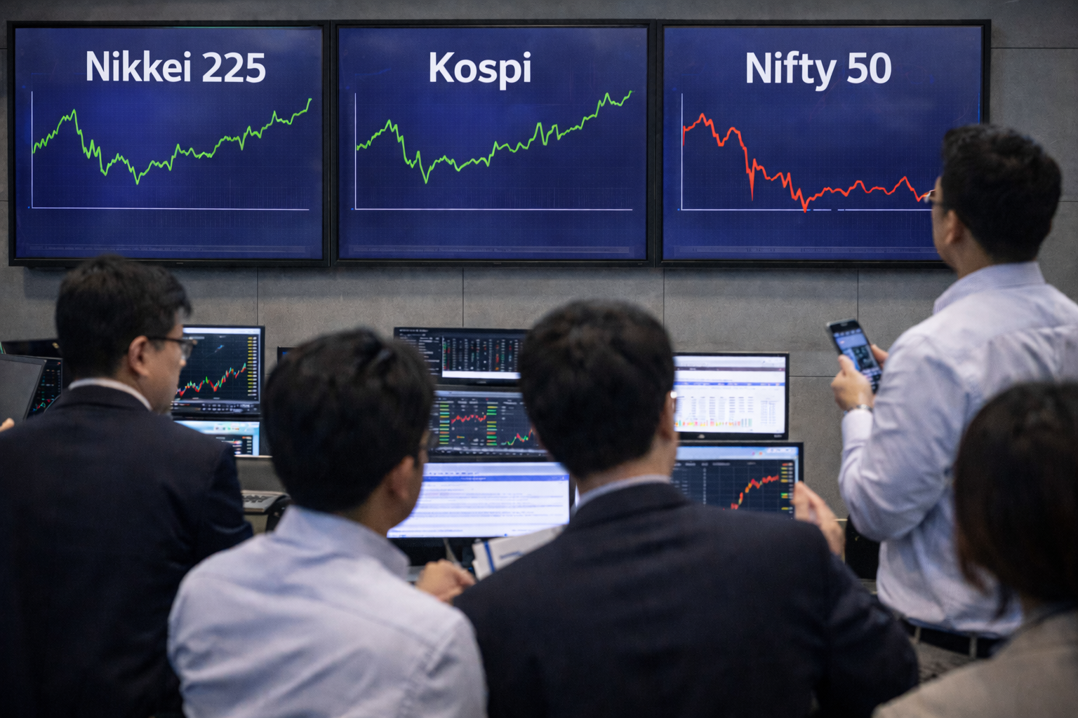 Korean stock market screens showing indices