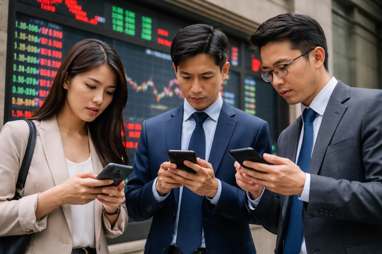Asian investors checking stock prices during market rebound