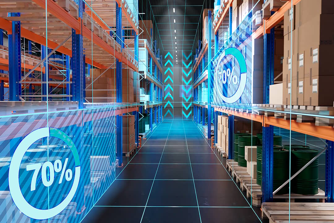 Human worker interacting with automated warehouse equipment