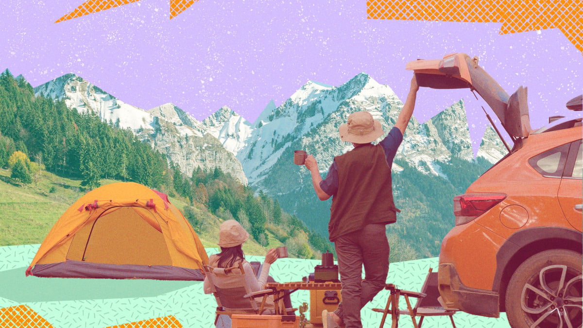 Summer camping setup with tent and sleeping gear