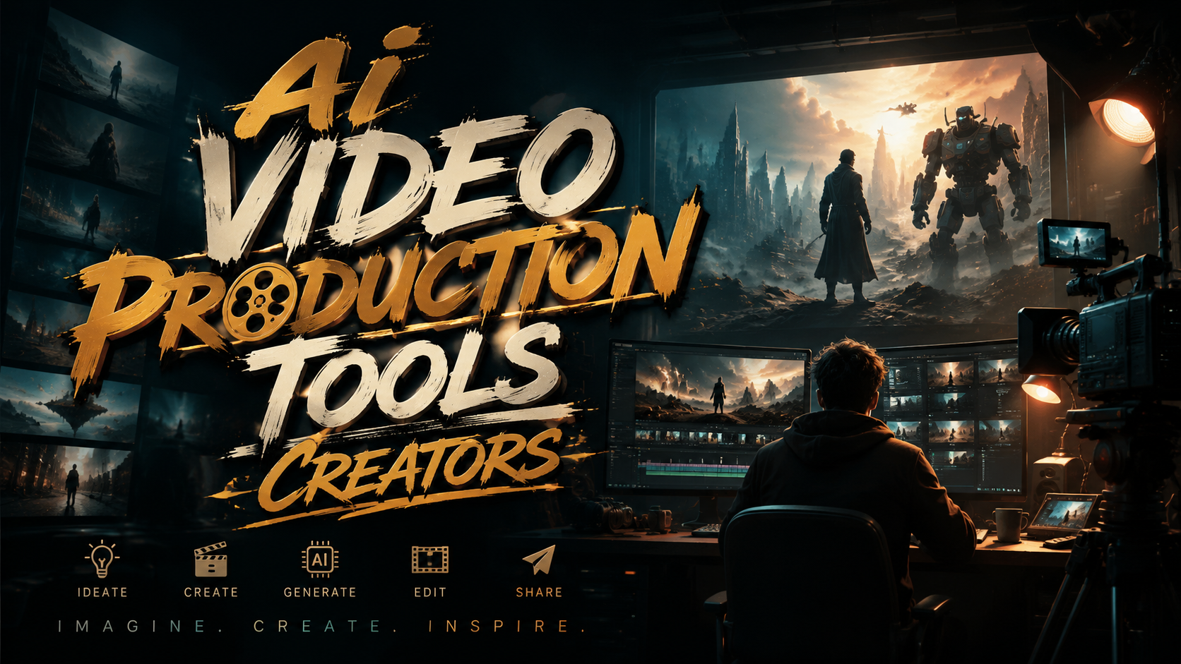 Collection of AI video production tool interfaces showing editing capabilities