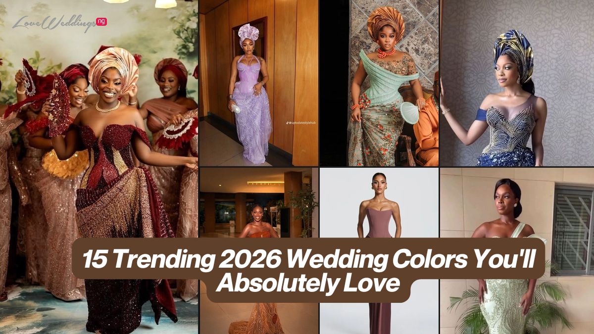 Collage showing trending 2026 wedding color palettes