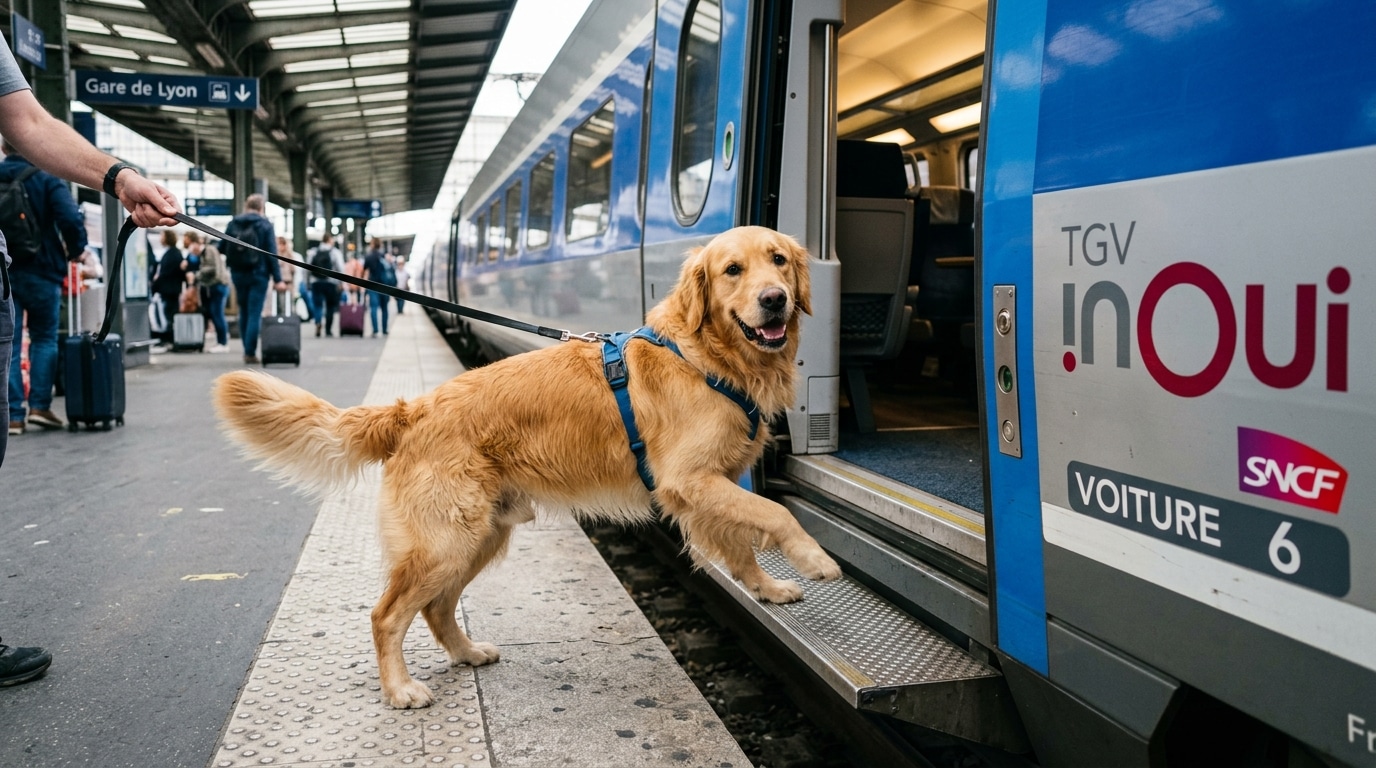 Dog wearing muzzle on French train platform