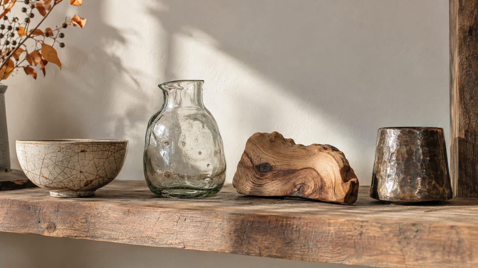 Artisanal textured objects on a shelf