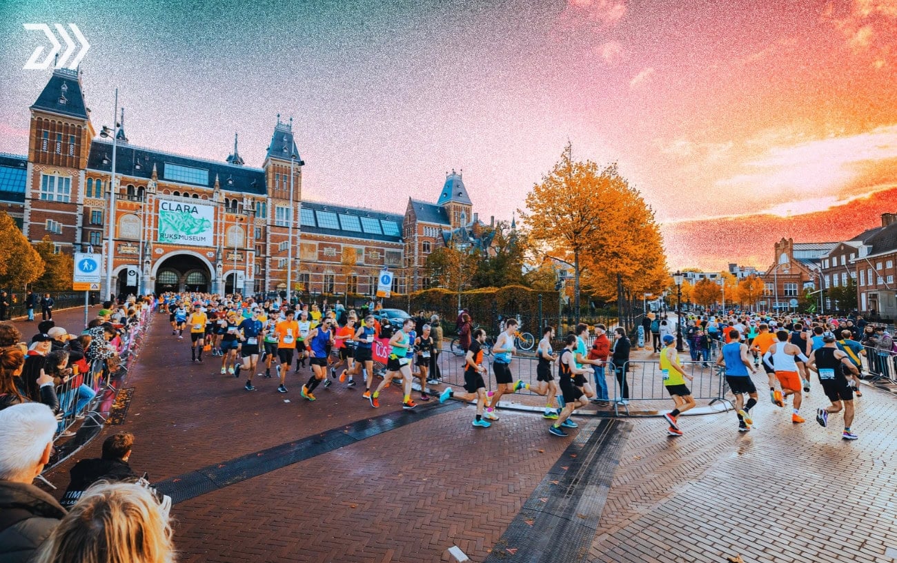 Buze Diriba crosses the finish line at the 2026 Amsterdam Marathon