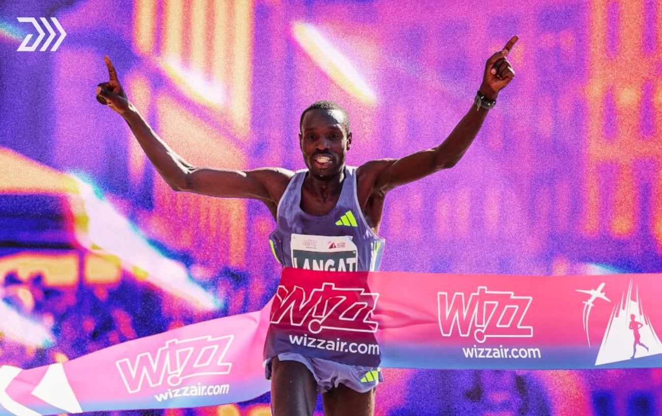 Leonard Langat crossing the finish line at the Toronto Waterfront Marathon