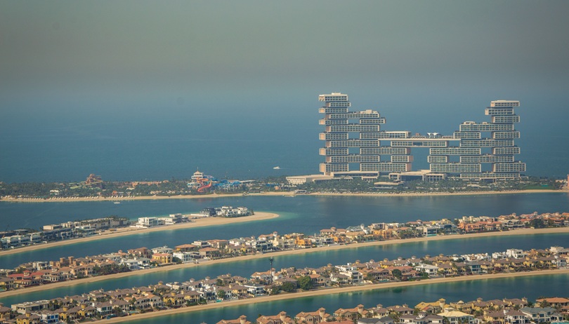 Dubai Palm Jumeirah aerial view showing luxury villas