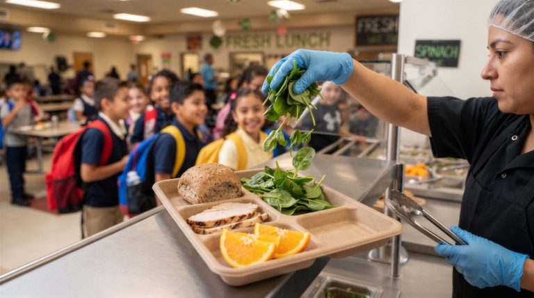 School food preparation in a California district kitchen