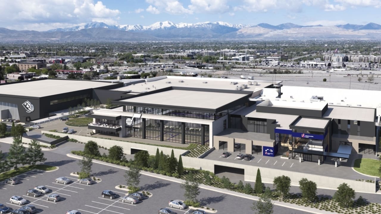 Aerial rendering of the Utah Jazz and Utah Mammoth co-located practice facility and sports medicine campus