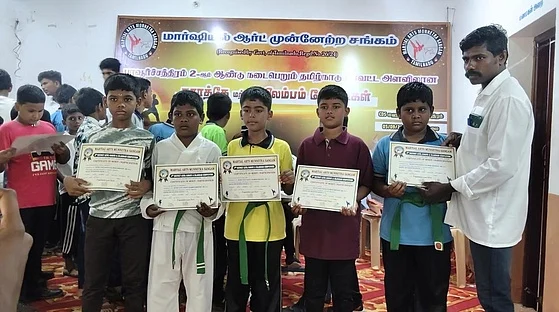 Students participating in Karathei and Silambam competitions in Tamil Nadu