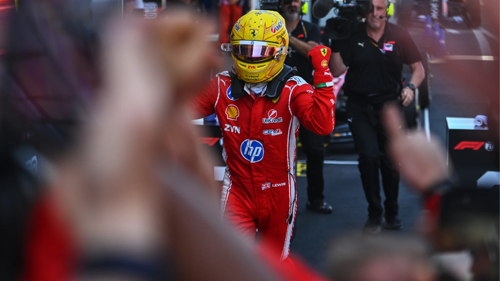 Lewis Hamilton celebrates his maiden Ferrari victory at Barcelona