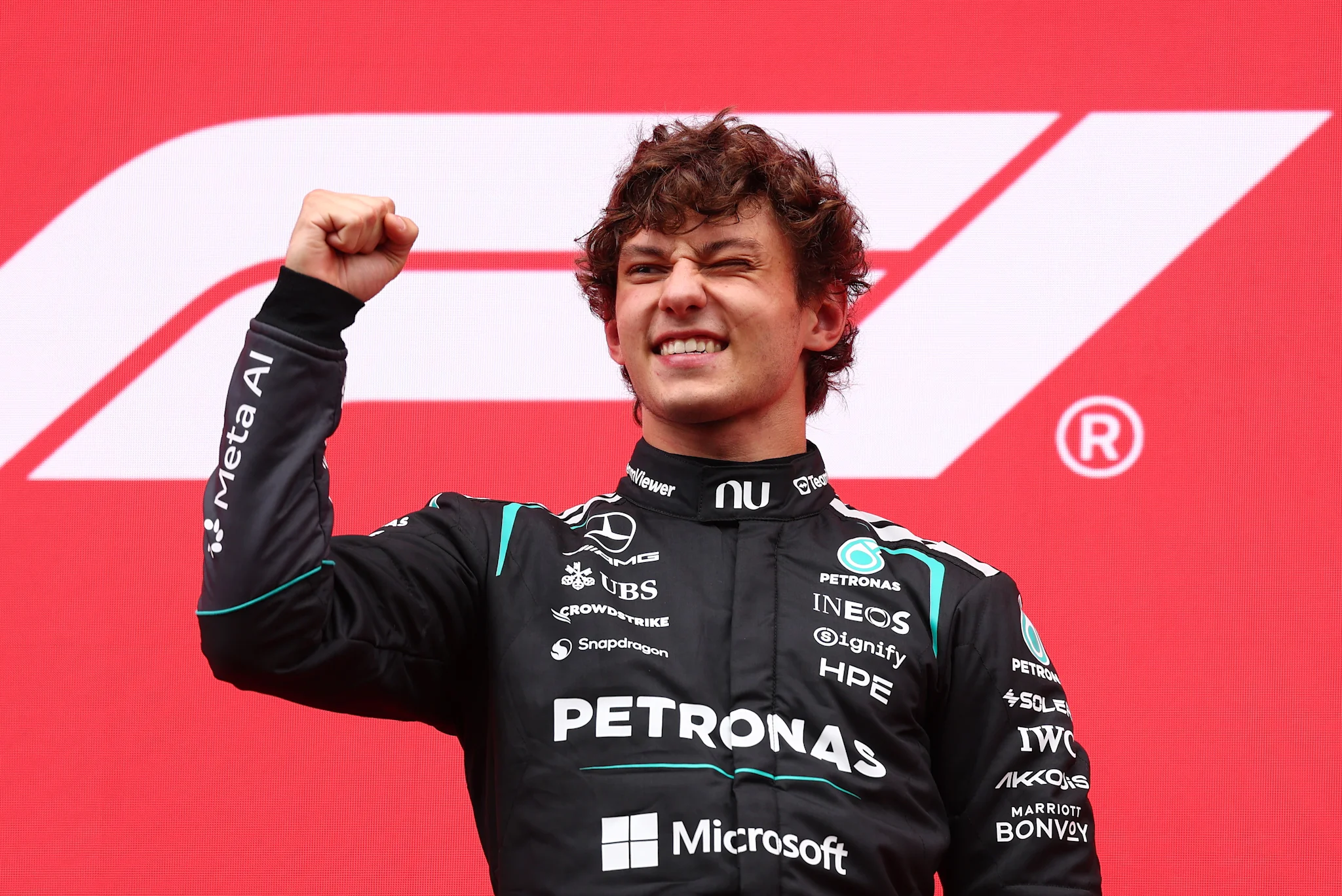 Kimi Antonelli celebrates his dominant Belgian Grand Prix victory