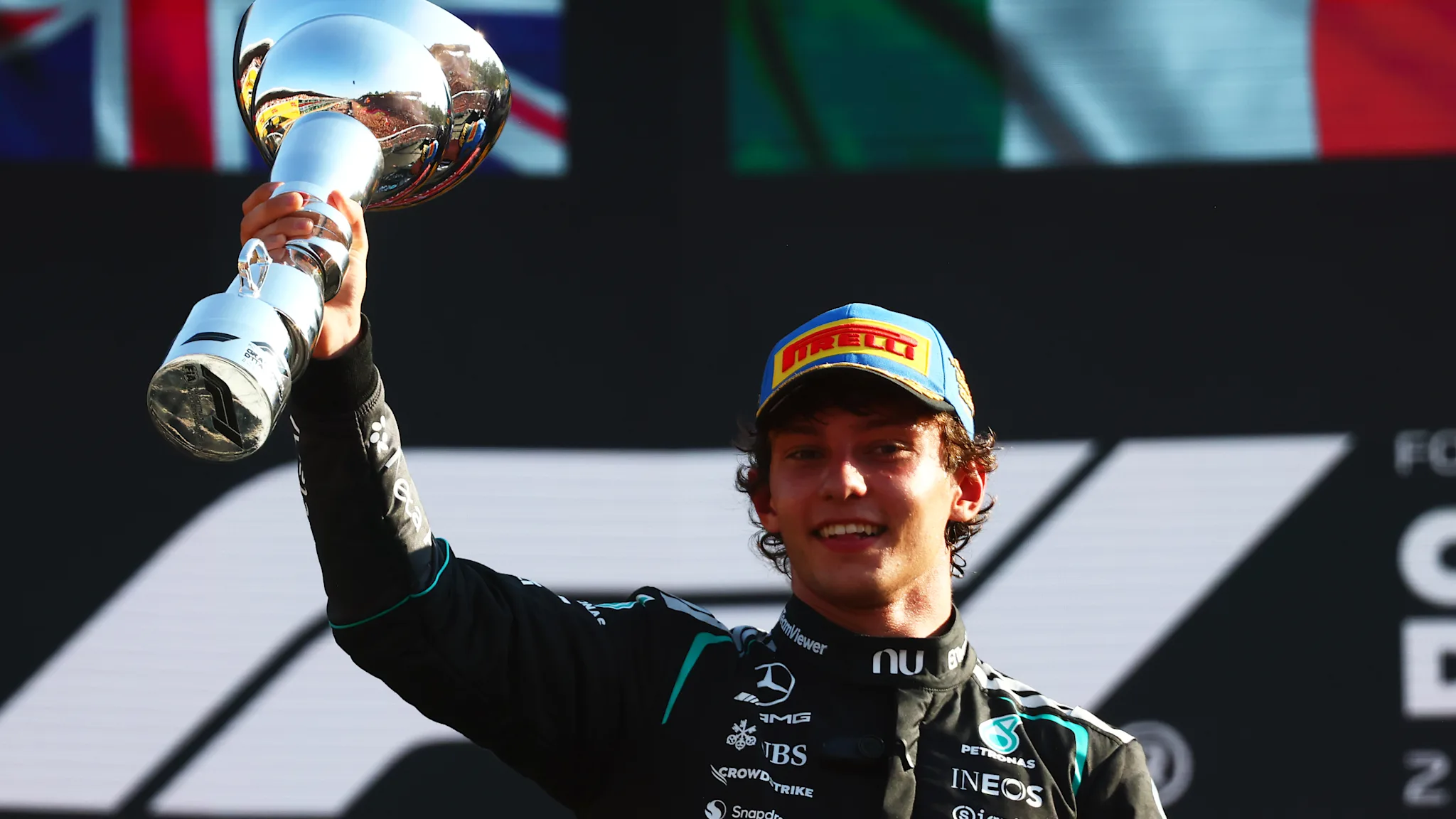 Kimi Antonelli celebrates victory at Monza