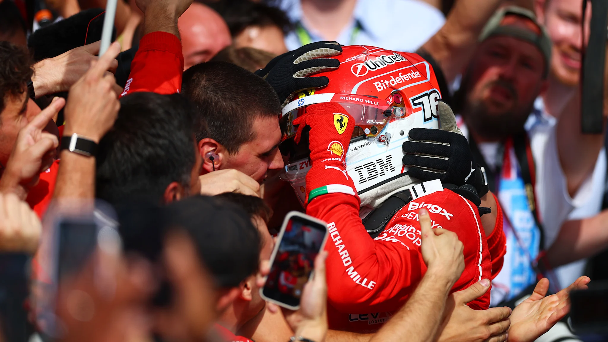 Charles Leclerc celebrating his victory at Silverstone during the dramatic British Grand Prix race