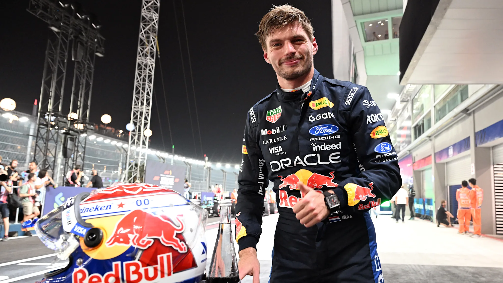 Max Verstappen celebrates pole position in Singapore