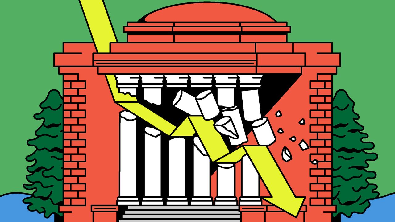 New Yorker illustration depicting the enrollment cliff facing American colleges