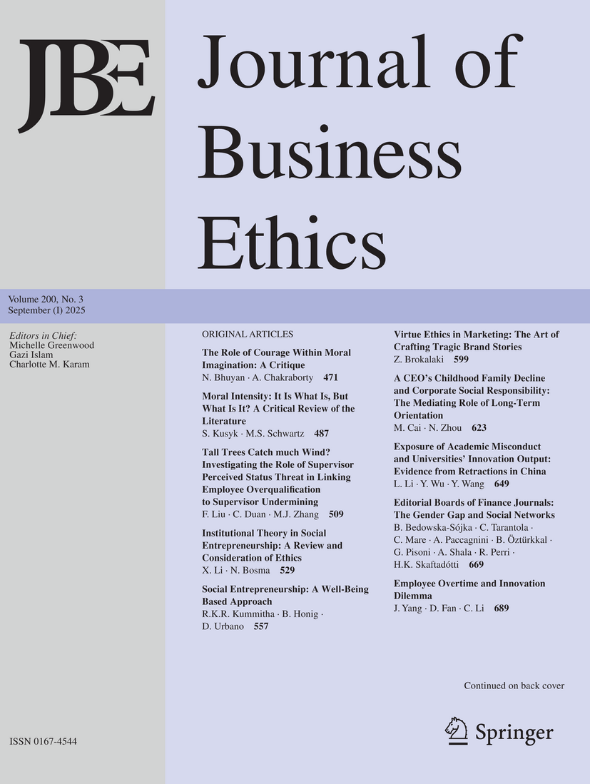 Journal of Business Ethics cover highlighting research on social impact