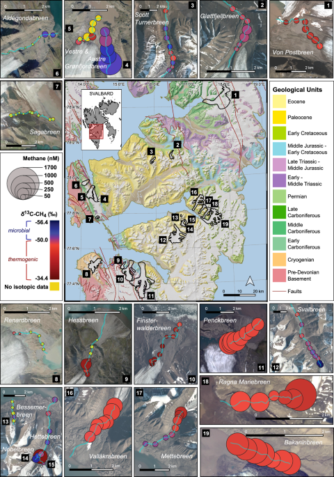 Subglacial geology diagram from Nature Communications study showing methane transport mechanisms