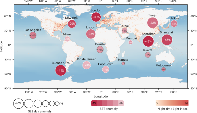 Map of large coastal cities showing reduced sea-land breeze days from ocean warming