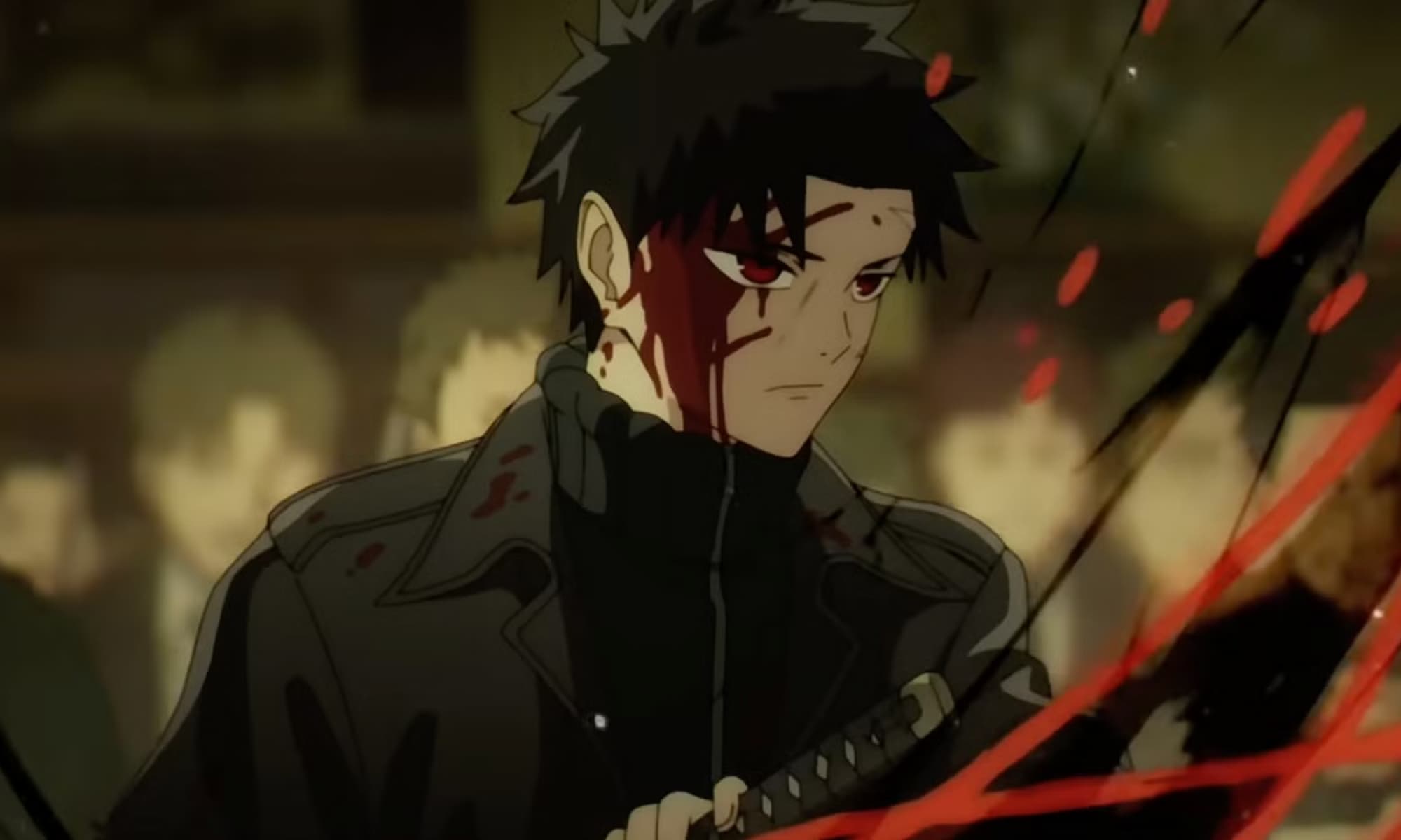 Screenshot from the Kagurabachi anime trailer showing Chihiro Rokuhira in action