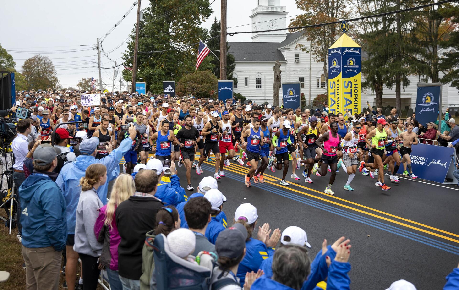 Runners preparing for the 2026 Boston Marathon in Hopkinton