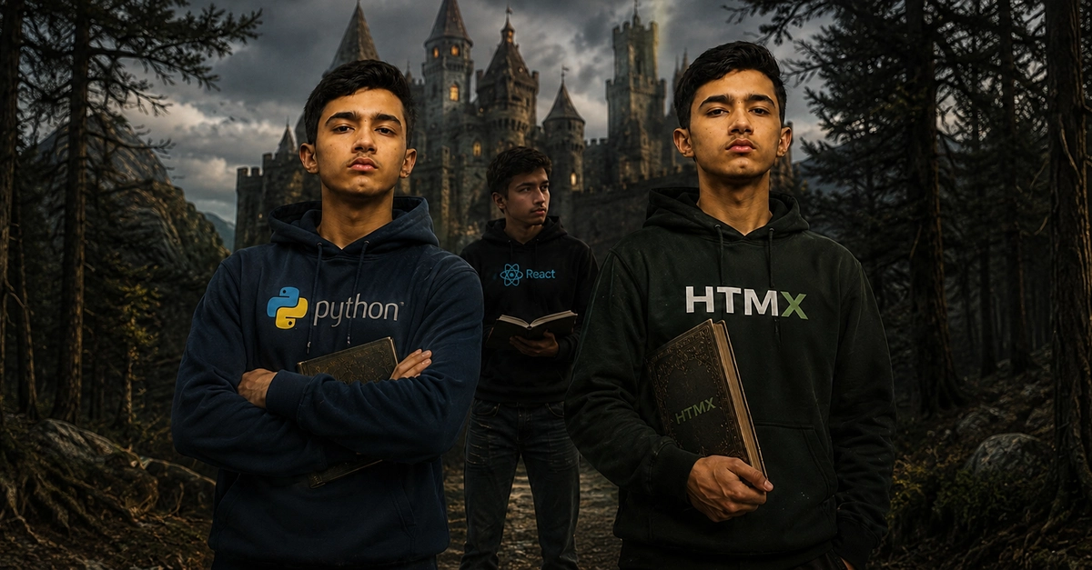 React 대 Python+HTMX 비교 논쟁 일러스트