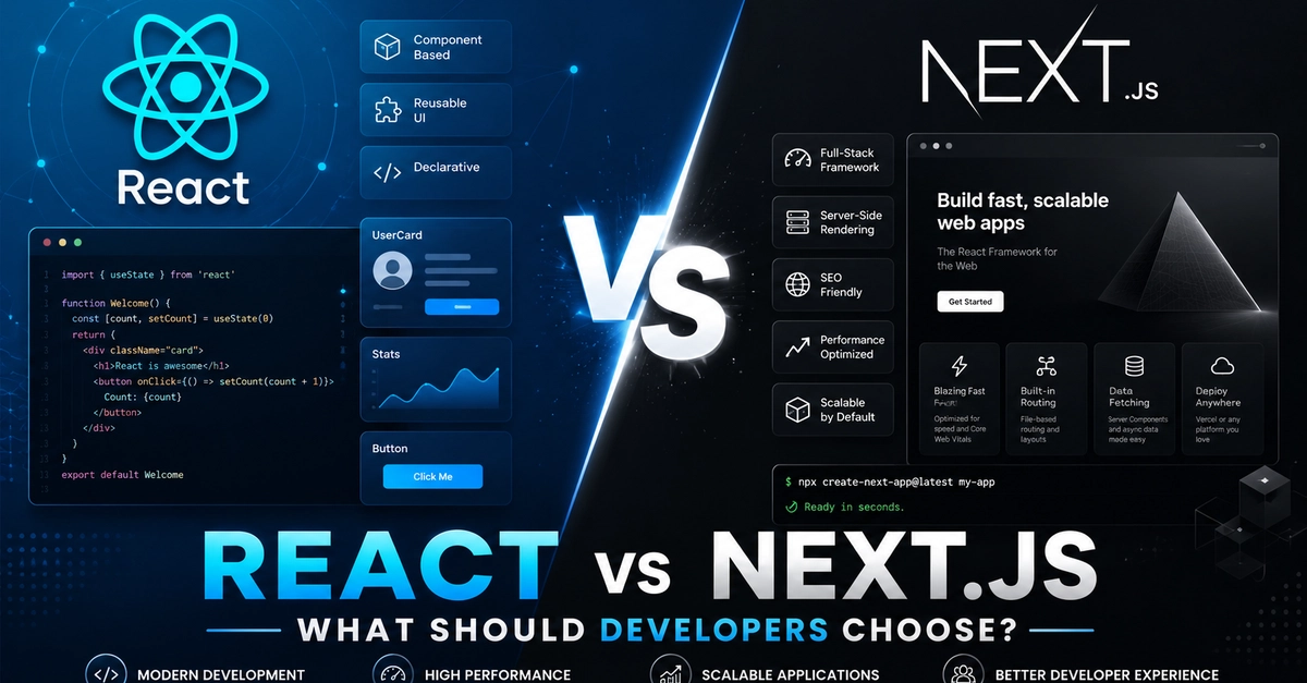 Comparison image of React and Next.js frameworks