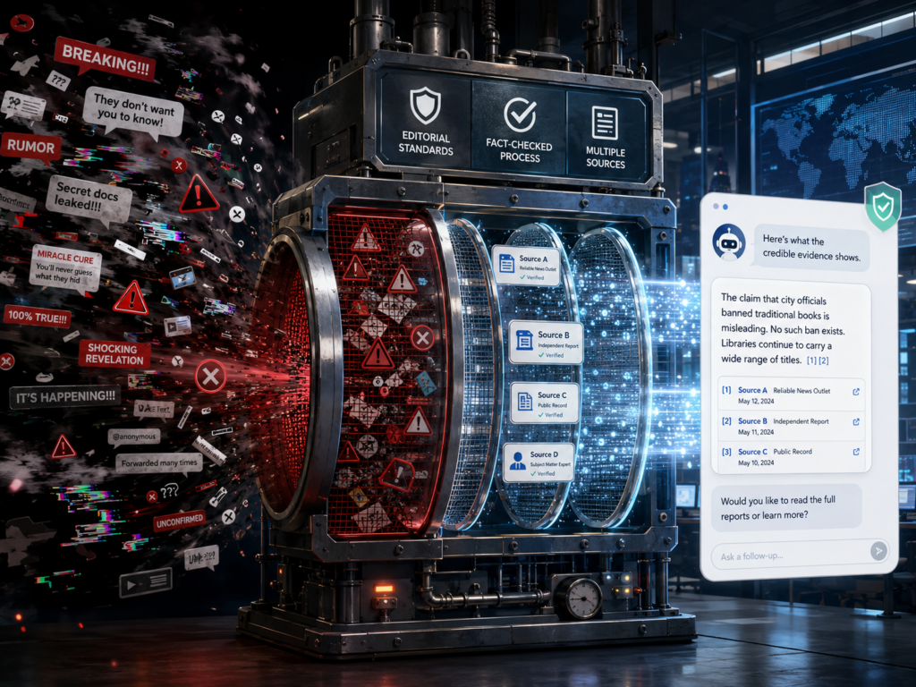 NewsGuard AI chatbot interface showing vetted news sources