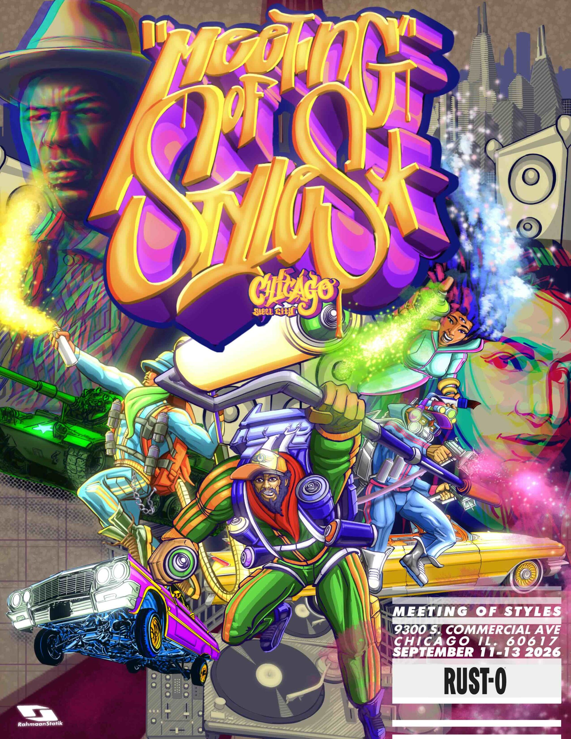 Promotional graphic for the Meeting of Styles festival in Chicago, featuring vibrant graffiti-style typography and urban imagery.