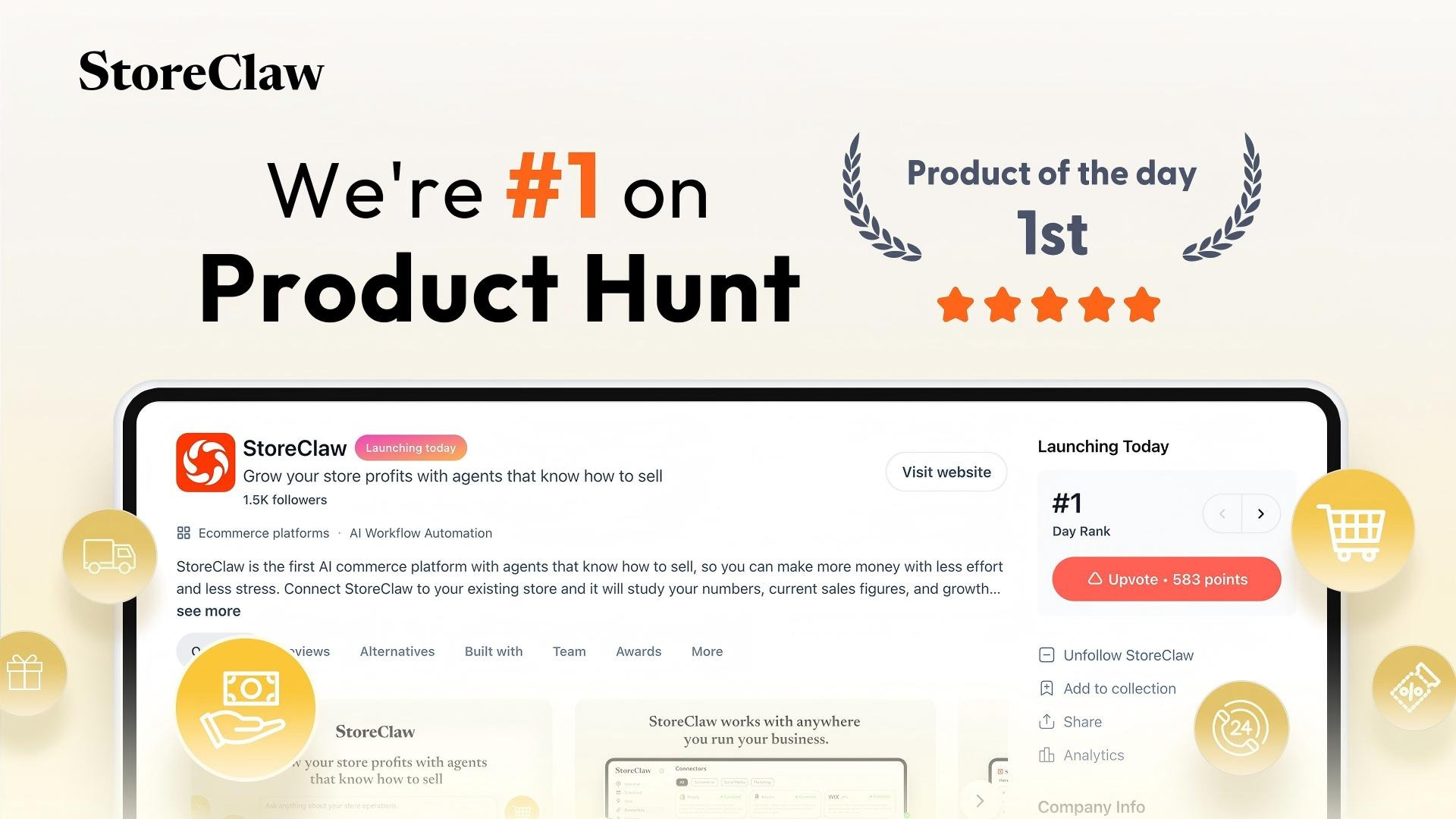 StoreClaw — Product Hunt 오늘의 #1 제품 발표 이미지