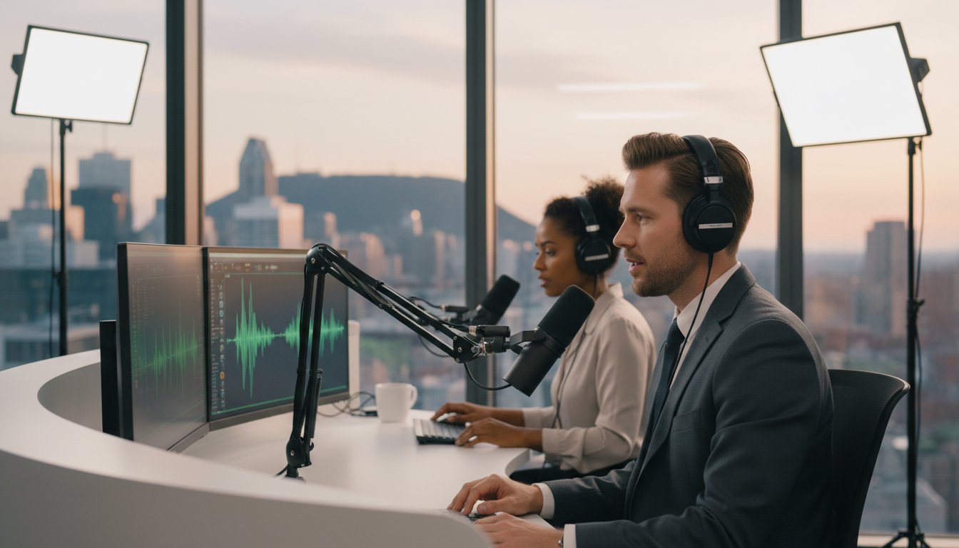 Professional podcast editing setup with audio mixing console and microphone