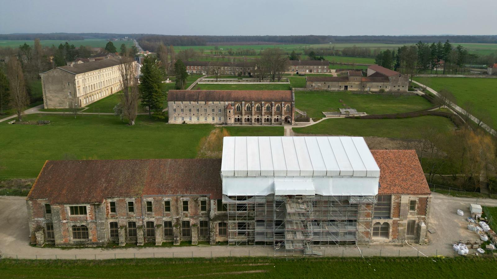 Overhead view of wine bottles prepared for the Abbey of Cîteaux restoration auction