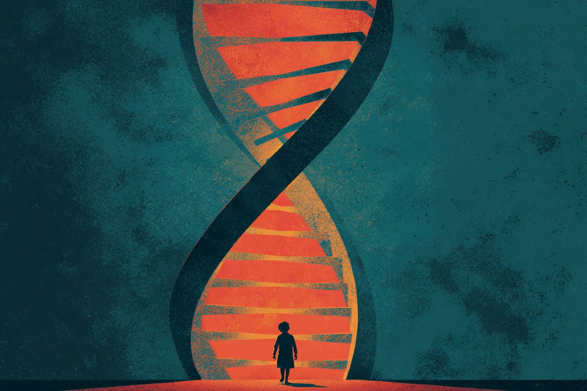 DNA strand with a child's shadow, illustrating autism genetic research