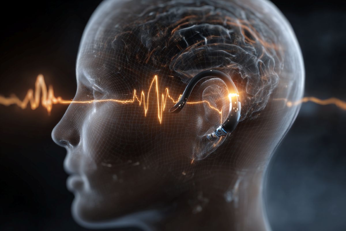 Brain-controlled hearing device — head and soundwaves illustration